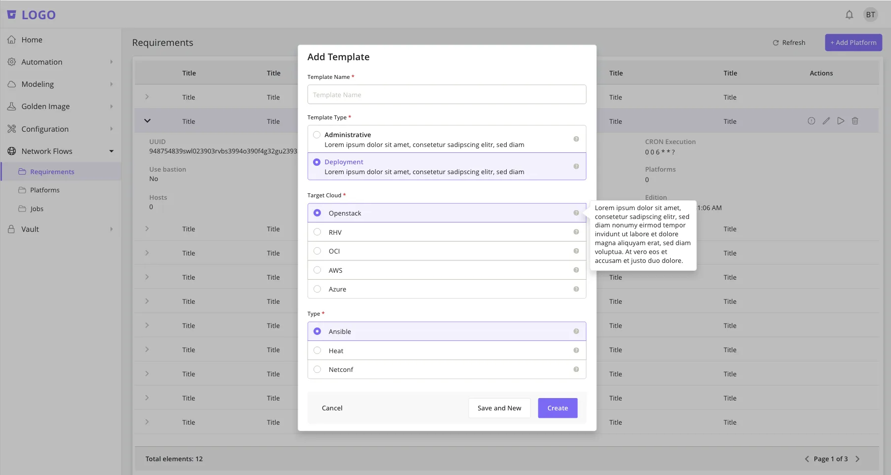 Add template dialog