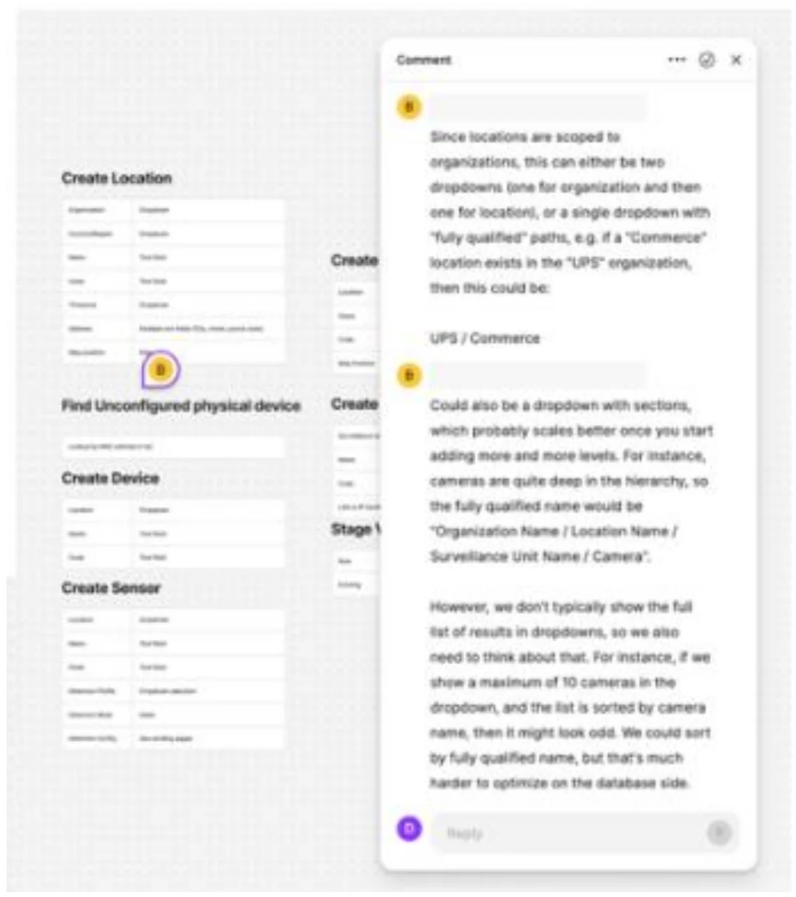 Figma frame with an engineering comment thread about location dropdowns