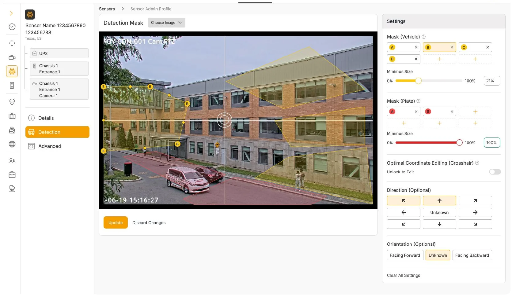 Detection settings on the camera image — masks, minimum size, direction and orientation.