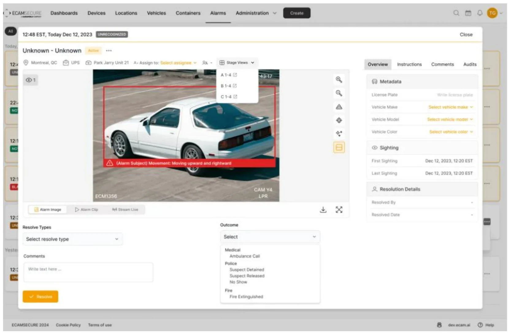 Alarm profile with evidence, metadata and structured resolution outcome
